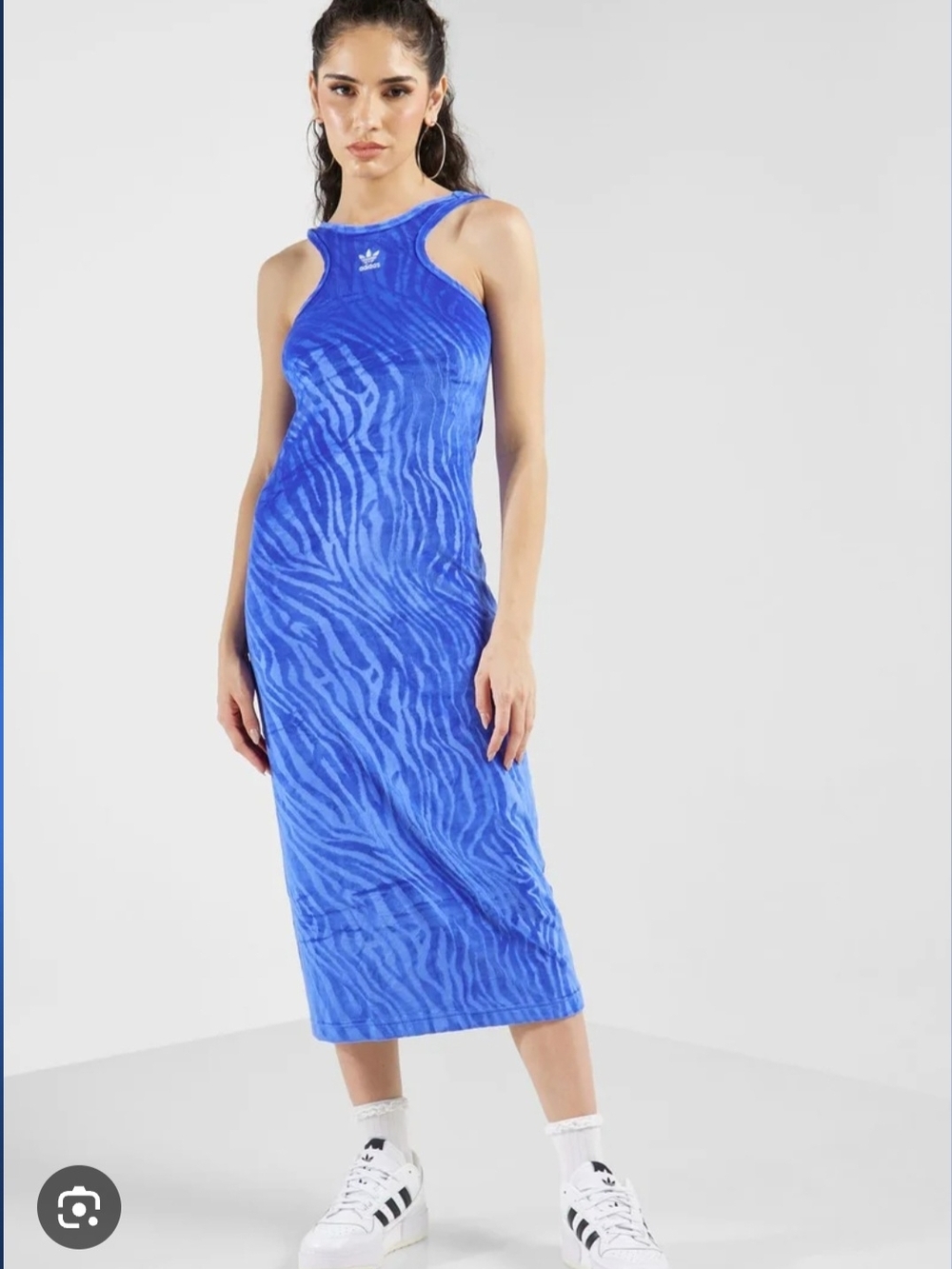 Adidas Originals Limited Edition Blue Velour Zebra-Print Racerback Midi Dress